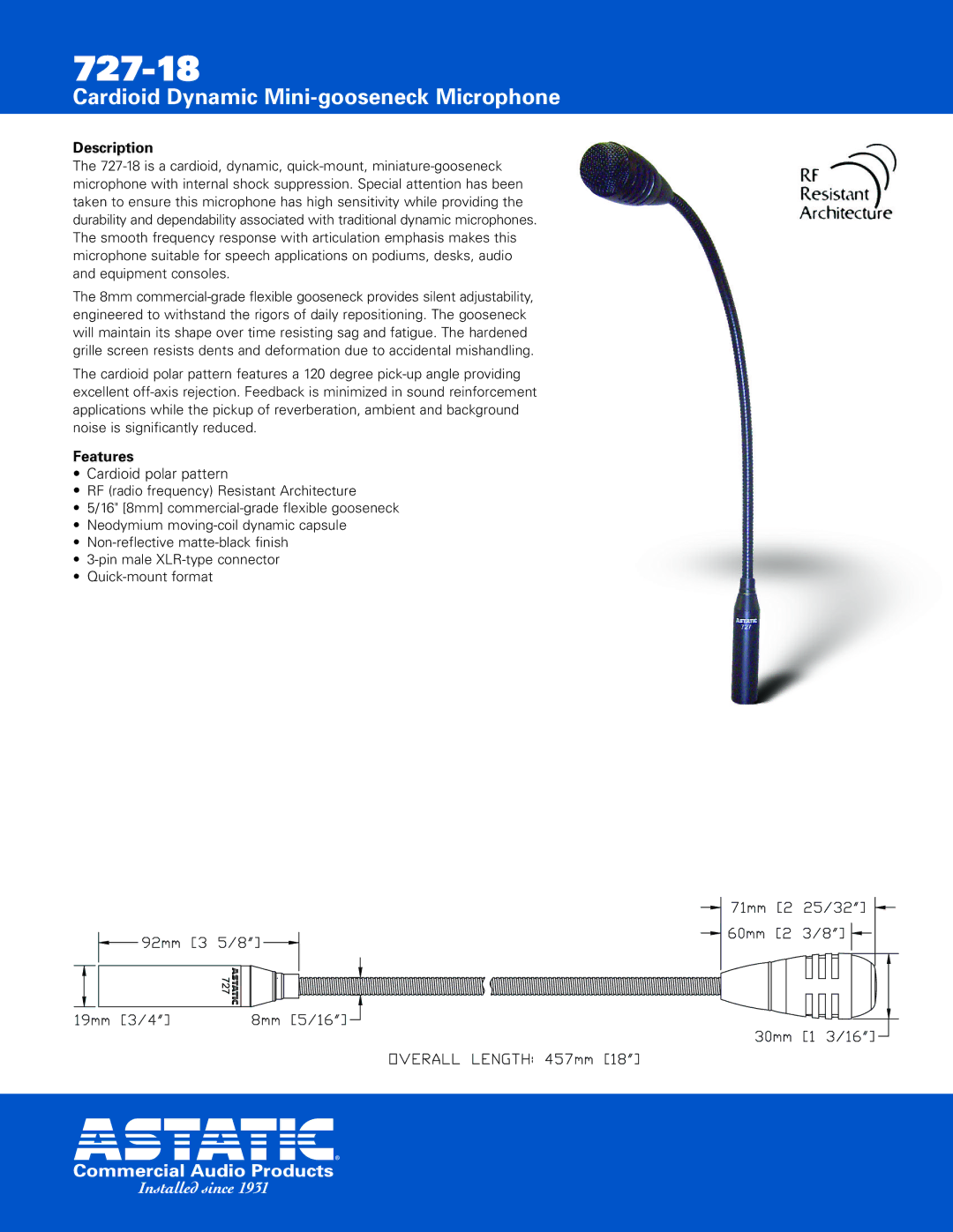 Astatic 727-18 manual Description, Features 