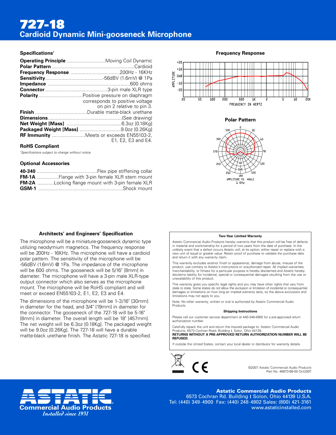 Astatic 727-18 Specifications†, RoHS Compliant, Optional Accessories 40-340, Architects’ and Engineers’ Specification 