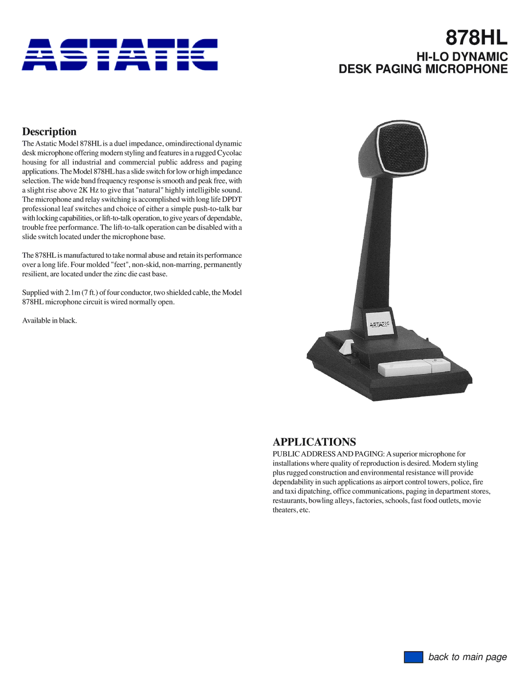 Astatic 878HL manual HI-LO Dynamic Desk Paging Microphone, Description, Applications 