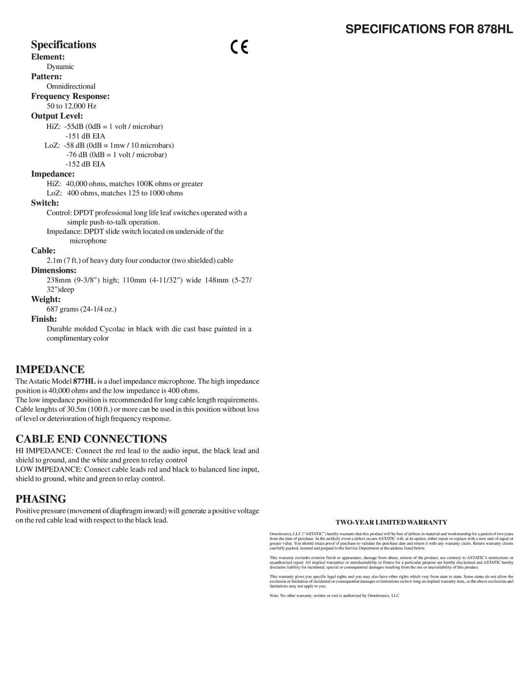 Astatic manual Specifications for 878HL, Impedance, Cable END Connections, Phasing 