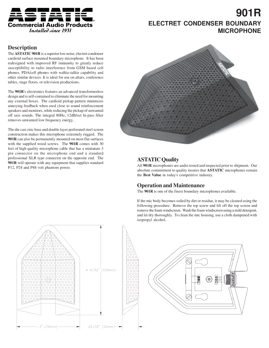 Astatic 901R manual Description, Astatic Quality, Operation and Maintenance 