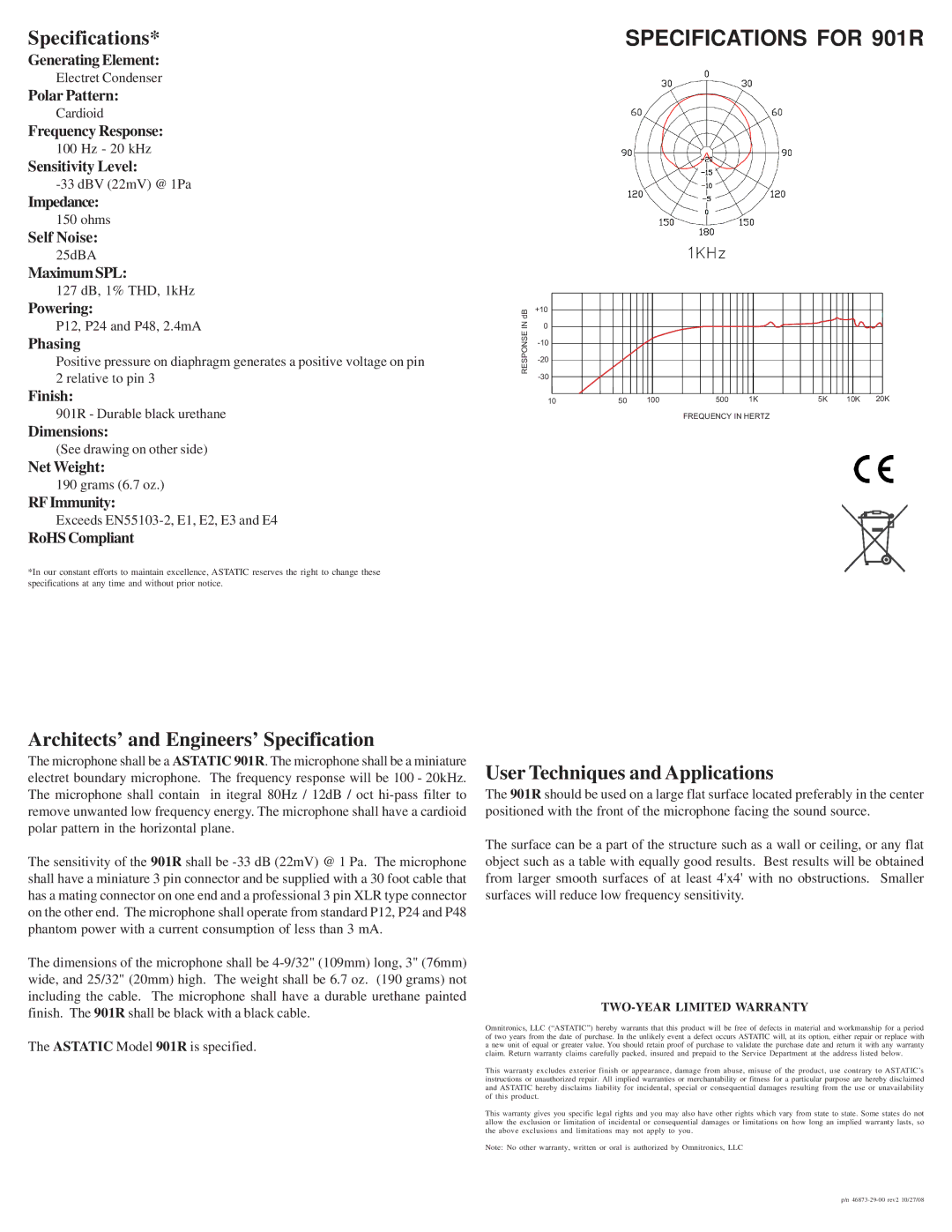 Astatic 901R manual Specifications, Architects’ and Engineers’ Specification, User Techniques and Applications 