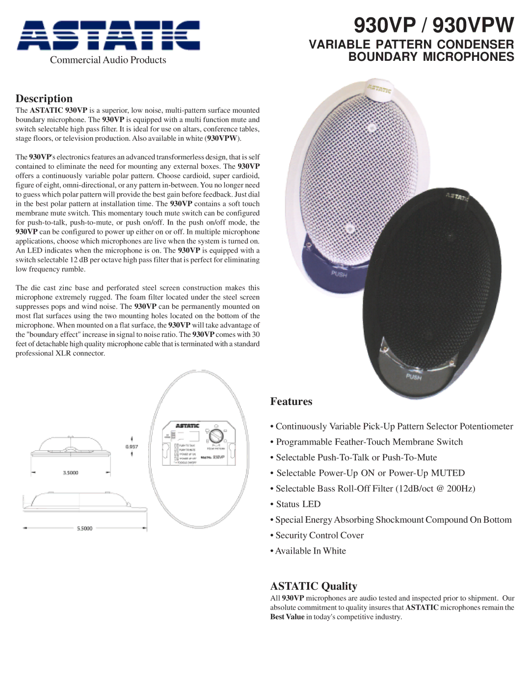 Astatic 930VPW manual Variable Pattern Condenser Boundary Microphones, Description, Features, Astatic Quality 