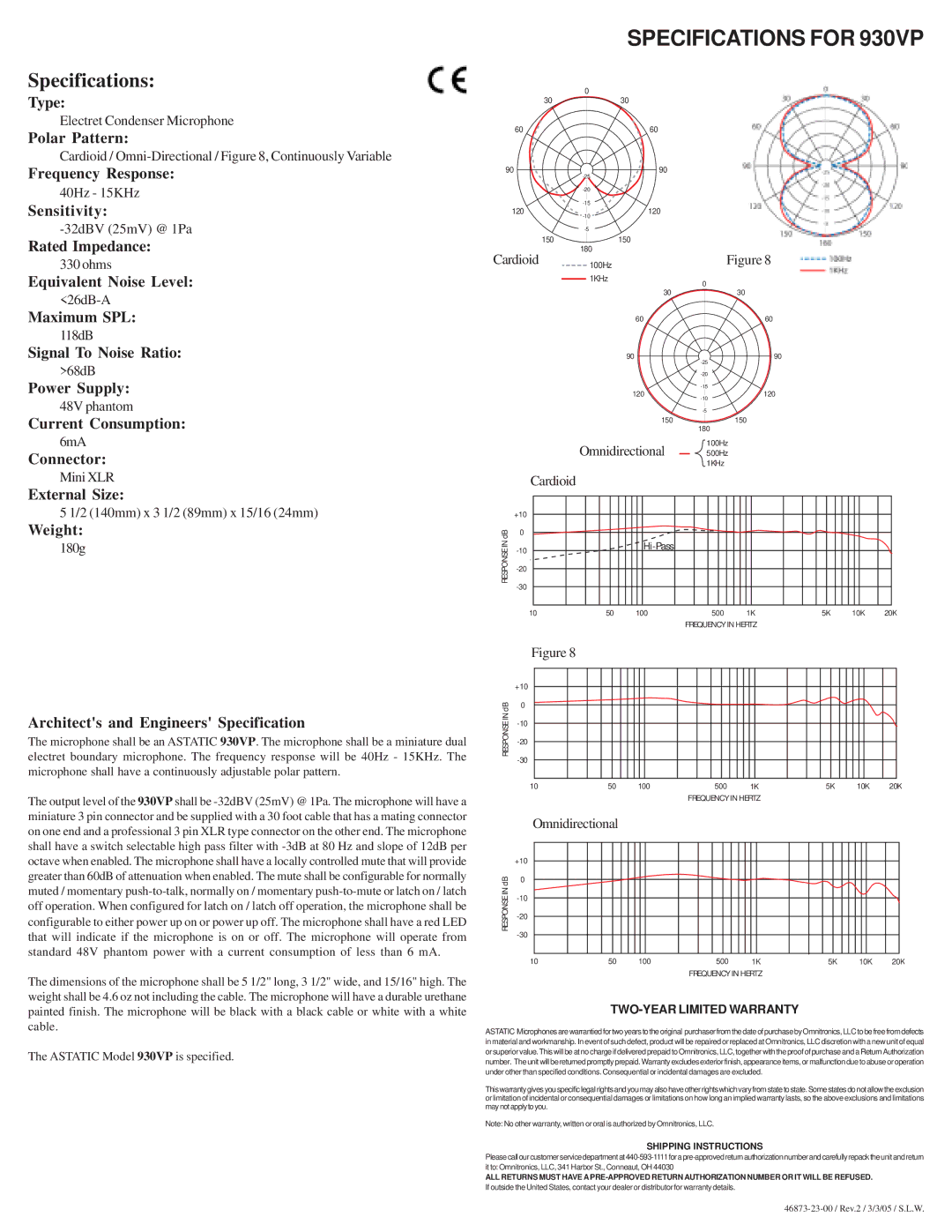 Astatic 930VPW manual Specifications for 930VP 