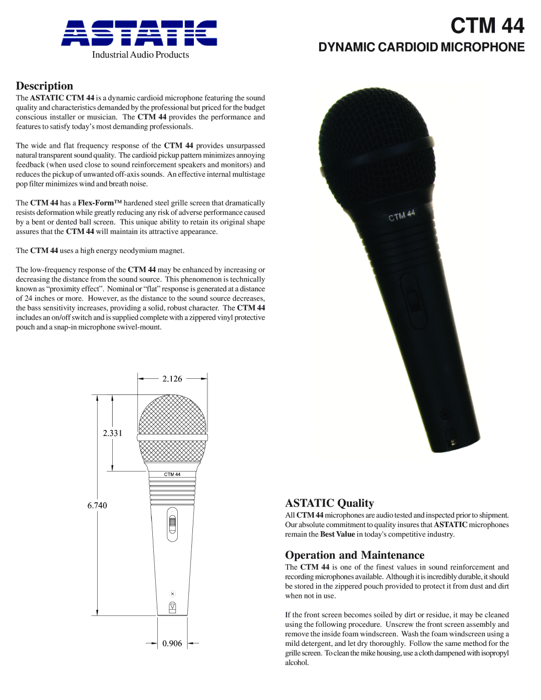 Astatic CTM 44 manual Ctm, Dynamic Cardioid Microphone, Description, Astatic Quality, Operation and Maintenance 