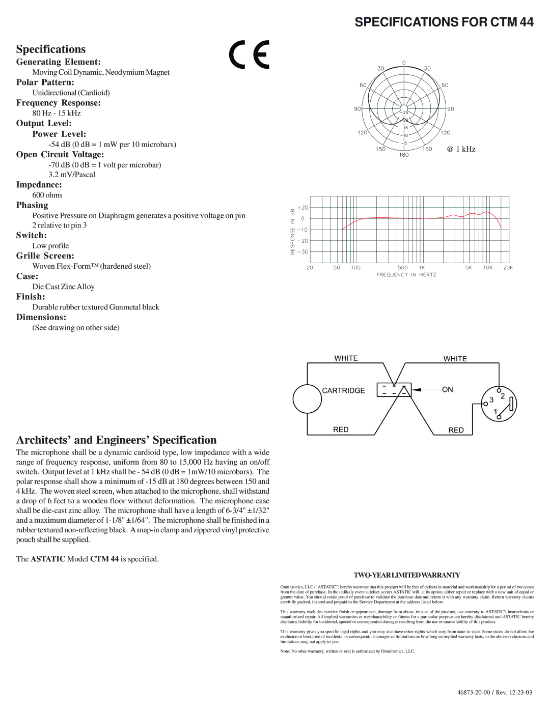 Astatic CTM 44 manual Specifications for CTM, Architects’ and Engineers’ Specification, Two-Yearlimitedwarranty 