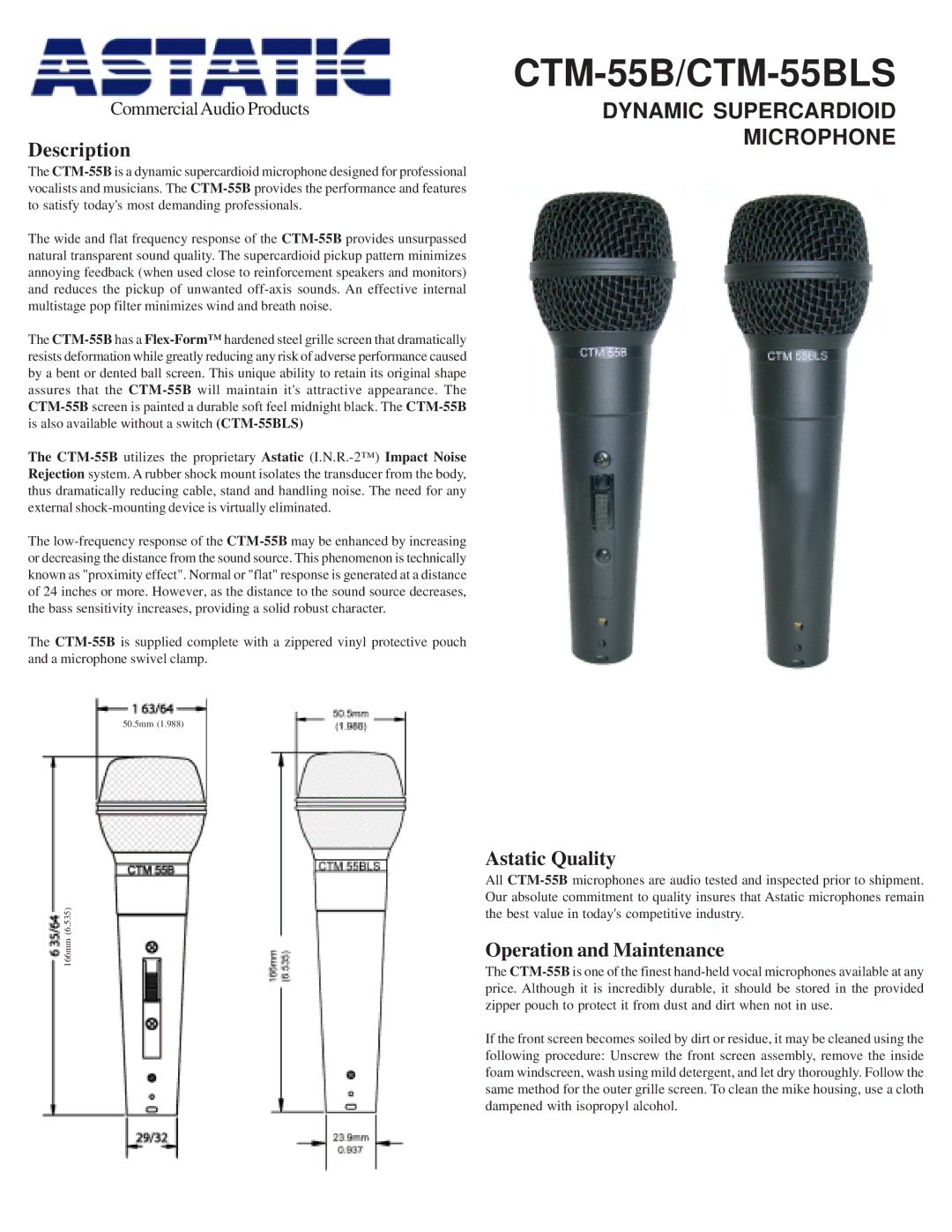 Astatic CTM-55BLS manual Description, Astatic Quality, Operation and Maintenance 