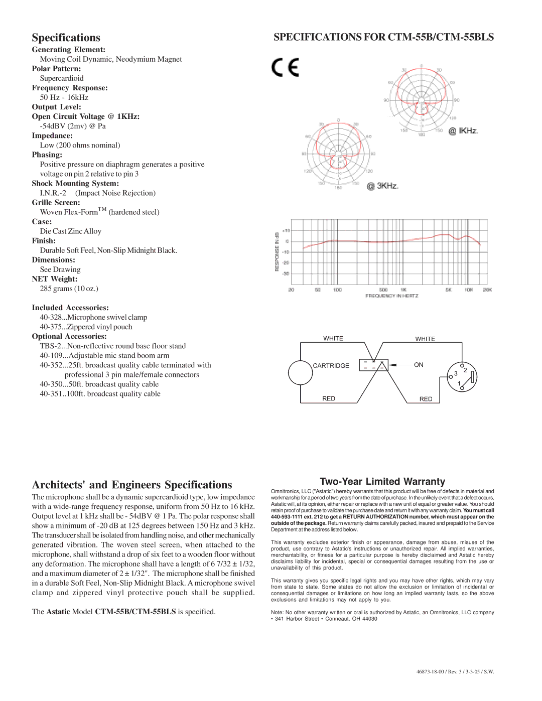 Astatic CTM-55BLS manual Architects and Engineers Specifications 