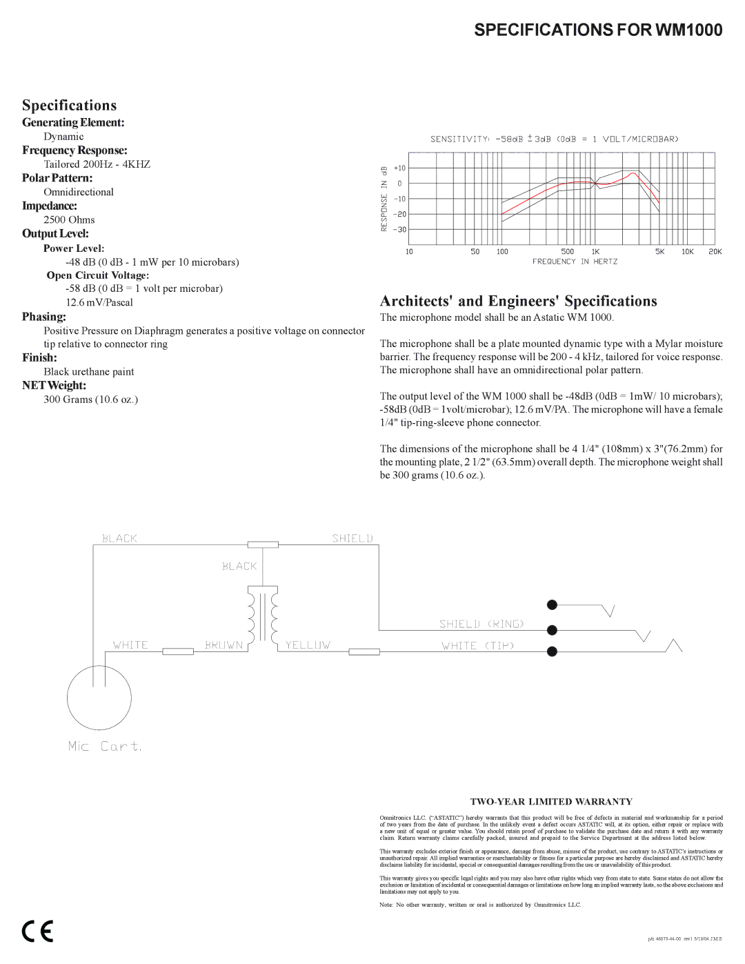 Astatic WM 1000 manual Architects and Engineers Specifications 