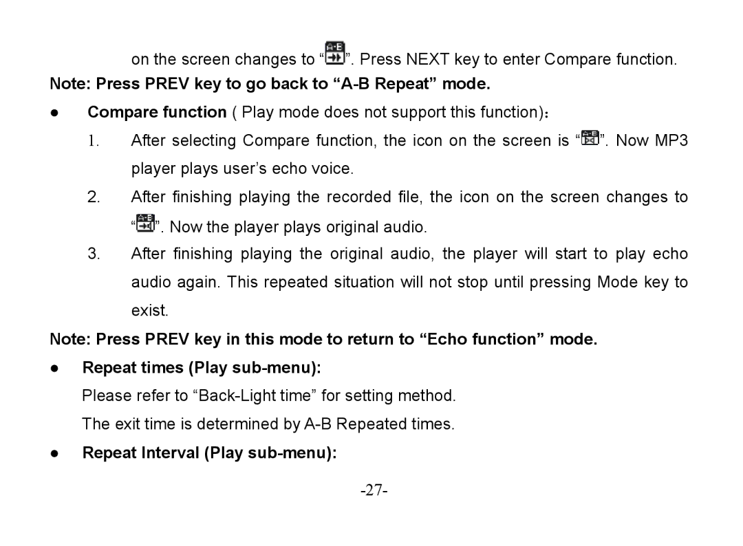 Astone Holdings Pty Digital Audio Box specifications Repeat times Play sub-menu, Repeat Interval Play sub-menu 