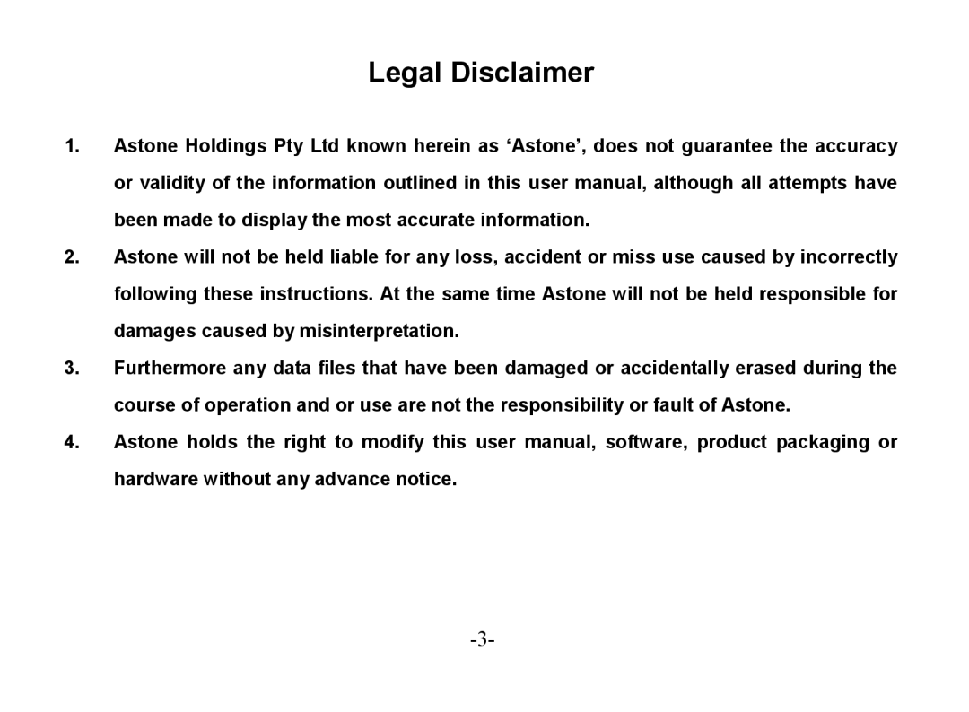 Astone Holdings Pty Digital Audio Box specifications Legal Disclaimer 