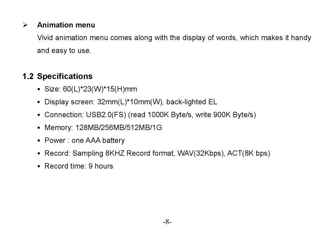 Astone Holdings Pty Digital Audio Box specifications Specifications, ¾ Animation menu 