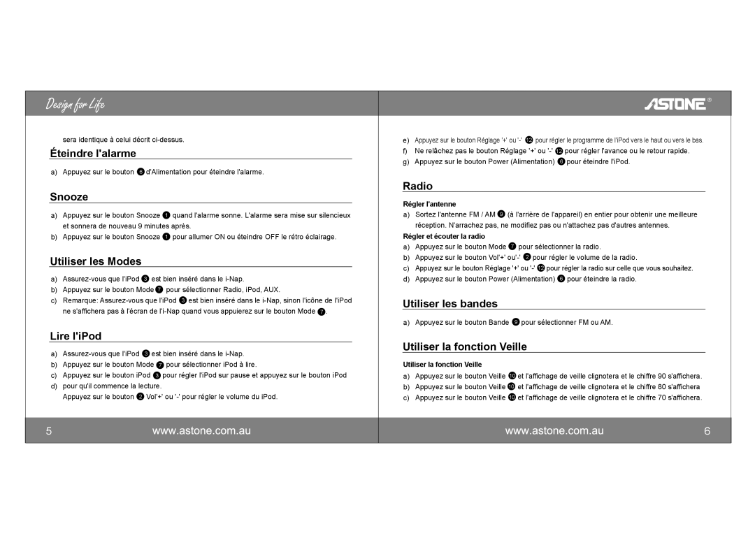 Astone Holdings Pty i-NAPAll-in-one iPod Docking Station user manual Éteindre lalarme, Utiliser les Modes, Lire liPod 