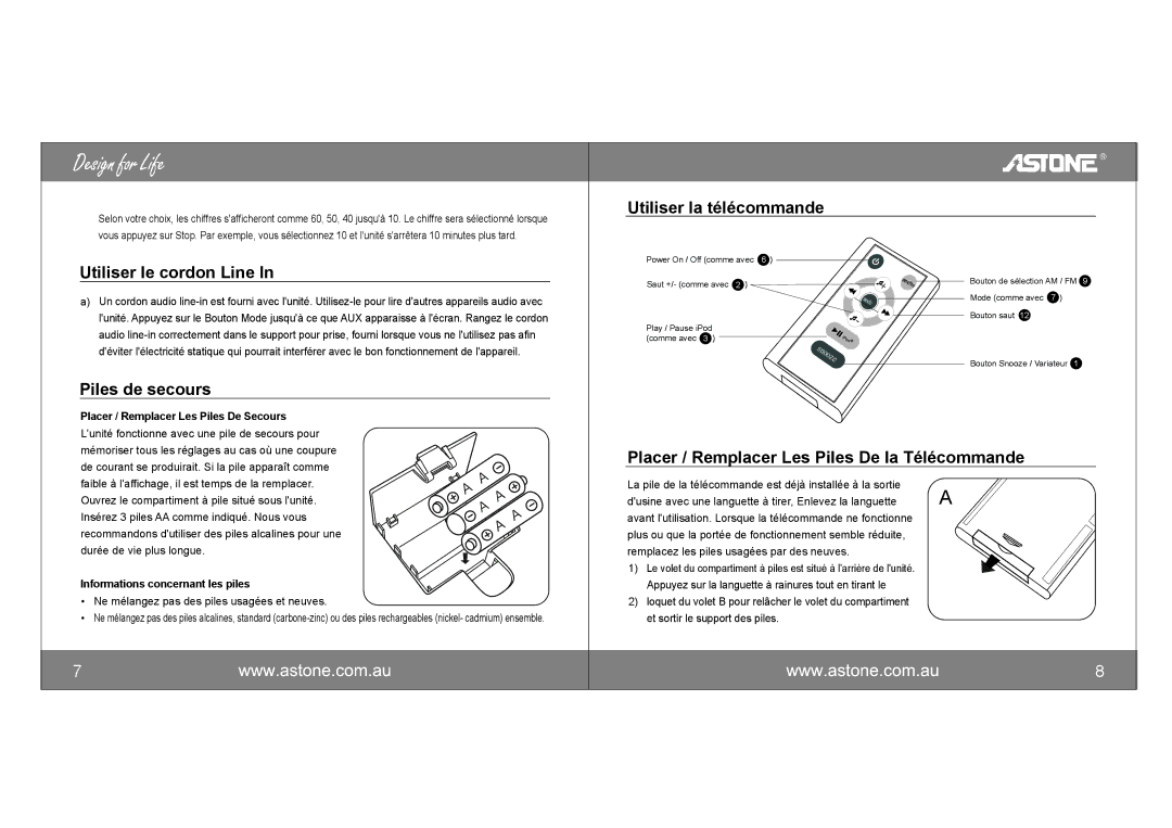 Astone Holdings Pty i-NAPAll-in-one iPod Docking Station user manual Utiliser la télécommande Utiliser le cordon Line 