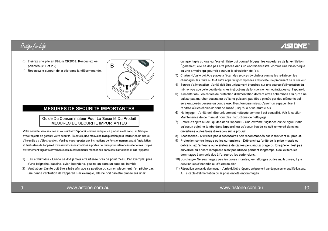 Astone Holdings Pty i-NAPAll-in-one iPod Docking Station user manual Mesures DE Securite Importantes 