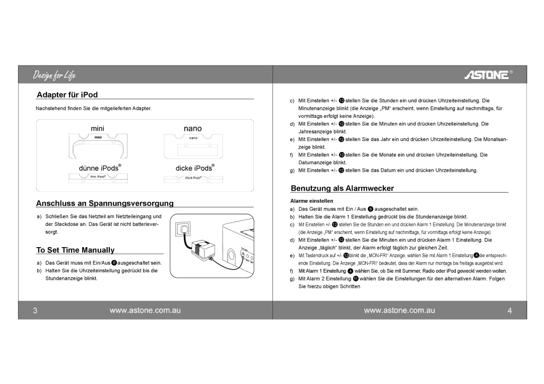 Astone Holdings Pty i-NAPAll-in-one iPod Docking Station user manual Adapter für iPod, Anschluss an Spannungsversorgung 