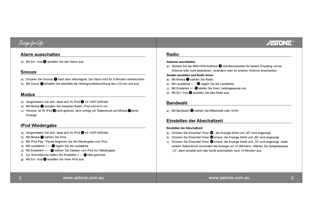 Astone Holdings Pty i-NAPAll-in-one iPod Docking Station user manual Alarm ausschalten, Modus, IPod Wiedergabe, Bandwahl 