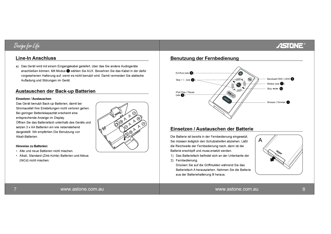 Astone Holdings Pty i-NAPAll-in-one iPod Docking Station user manual Line-In Anschluss, Austauschen der Back-up Batterien 