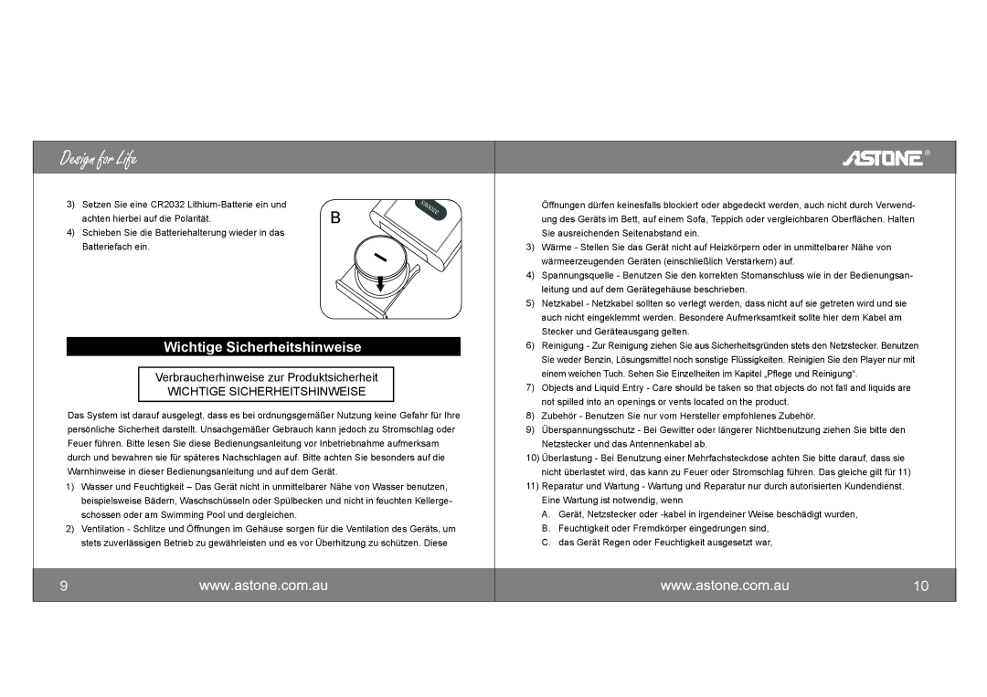 Astone Holdings Pty i-NAPAll-in-one iPod Docking Station user manual Wichtige Sicherheitshinweise 