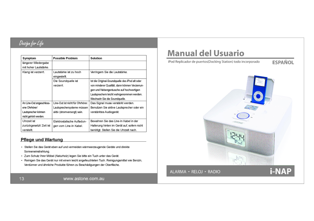 Astone Holdings Pty i-NAPAll-in-one iPod Docking Station user manual Pflege und Wartung, Verzerrt 