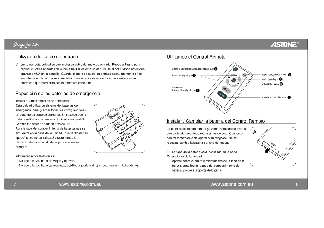 Astone Holdings Pty i-NAPAll-in-one iPod Docking Station user manual Reposición de las baterías de emergencia 