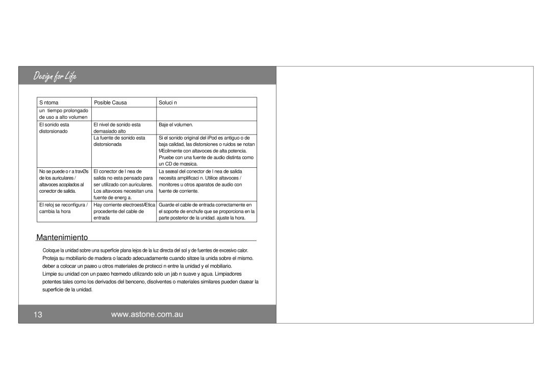 Astone Holdings Pty i-NAPAll-in-one iPod Docking Station user manual Mantenimiento, Fuente de energía 