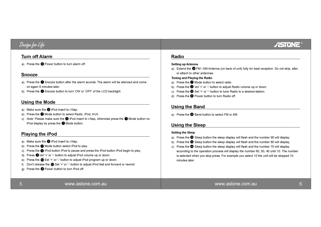 Astone Holdings Pty i-NAPAll-in-one iPod Docking Station Turn off Alarm, Snooze, Using the Mode, Playing the iPod, Radio 