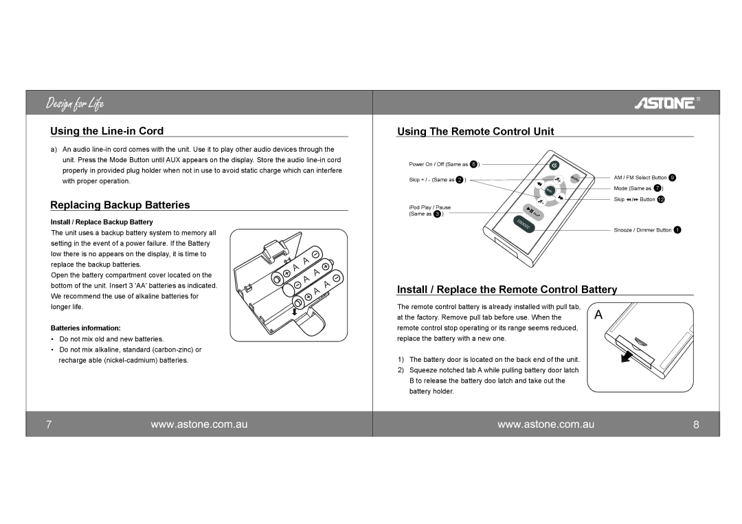 Astone Holdings Pty i-NAPAll-in-one iPod Docking Station user manual Using the Line-in Cord, Replacing Backup Batteries 