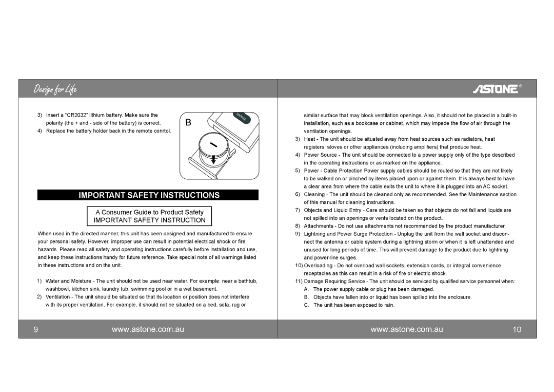 Astone Holdings Pty i-NAPAll-in-one iPod Docking Station user manual Important Safety Instructions 