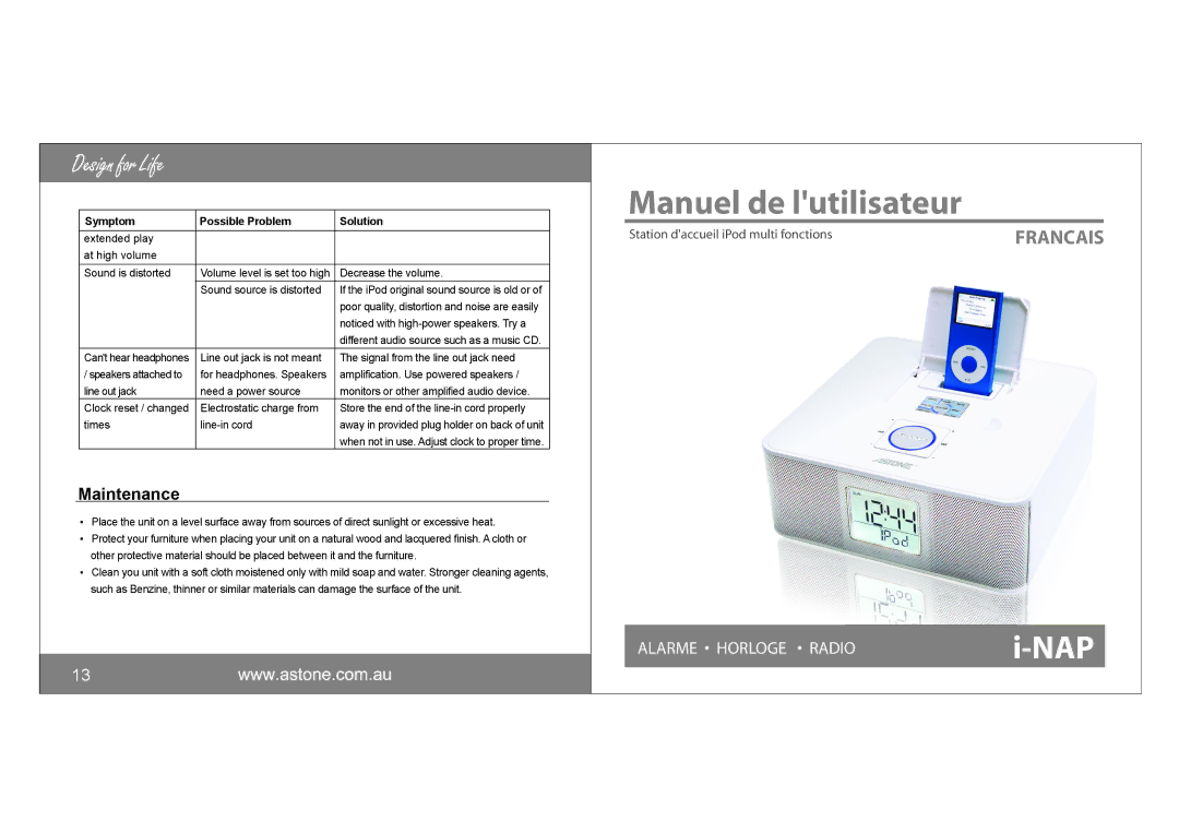 Astone Holdings Pty i-NAPAll-in-one iPod Docking Station user manual Maintenance, Sound source is distorted 