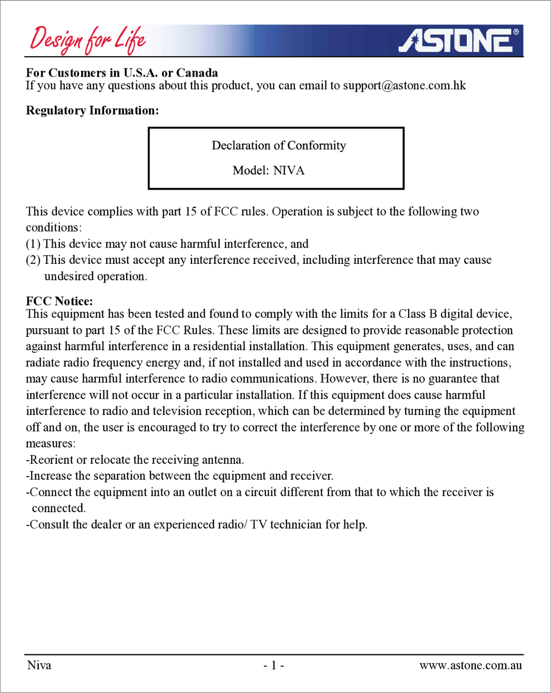 Astone Holdings Pty NIVA user manual For Customers in U.S.A. or Canada, Regulatory Information, FCC Notice 