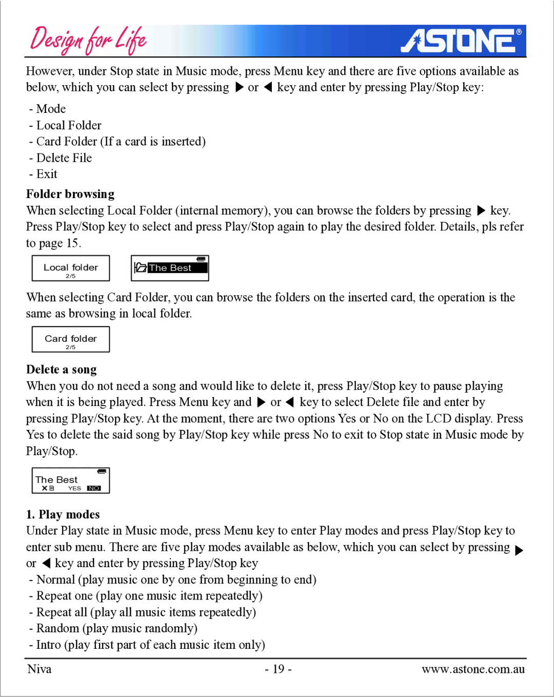 Astone Holdings Pty NIVA user manual Folder browsing, Delete a song, Play modes 