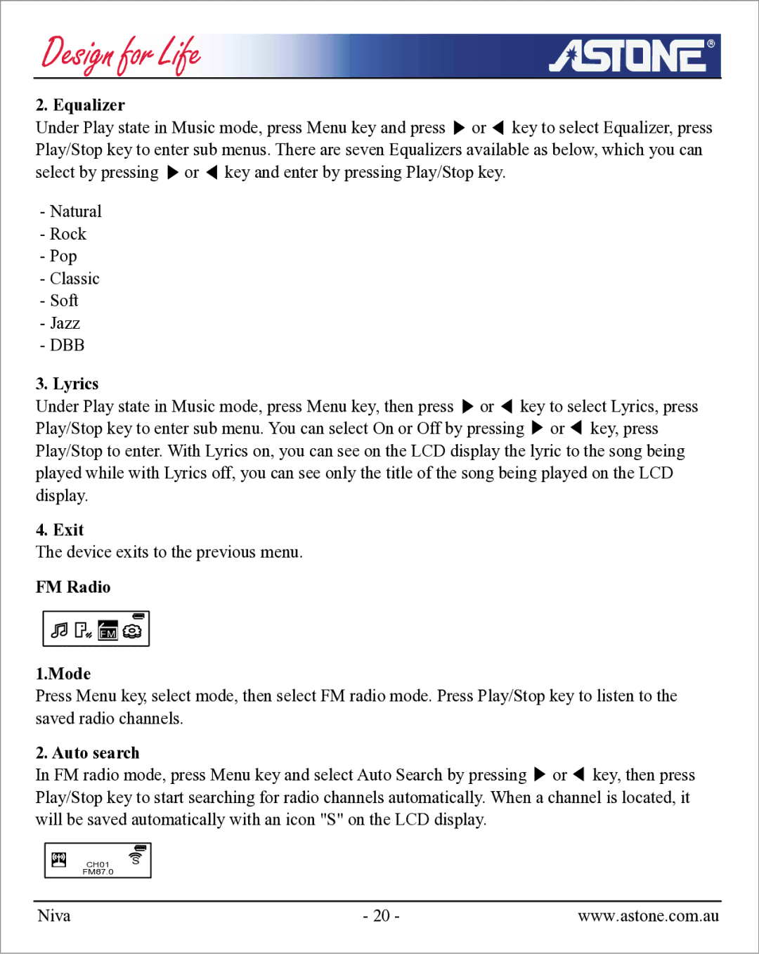 Astone Holdings Pty NIVA user manual Equalizer, Lyrics, Exit, FM Radio Mode, Auto search 