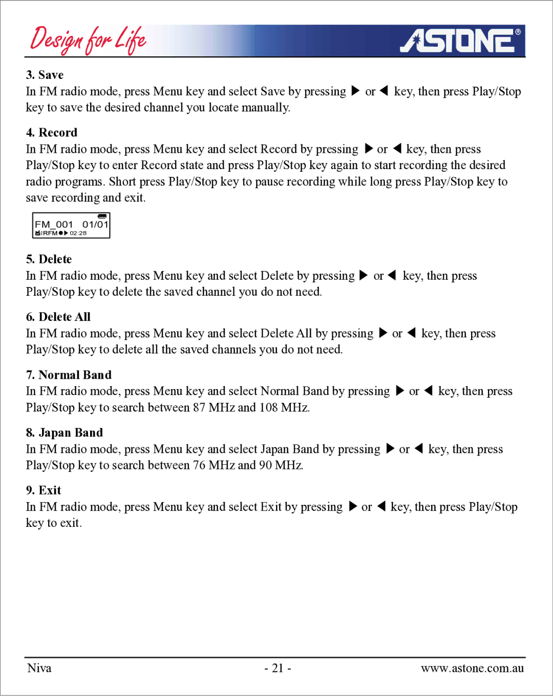 Astone Holdings Pty NIVA user manual Save, Record, Delete All, Normal Band, Japan Band 