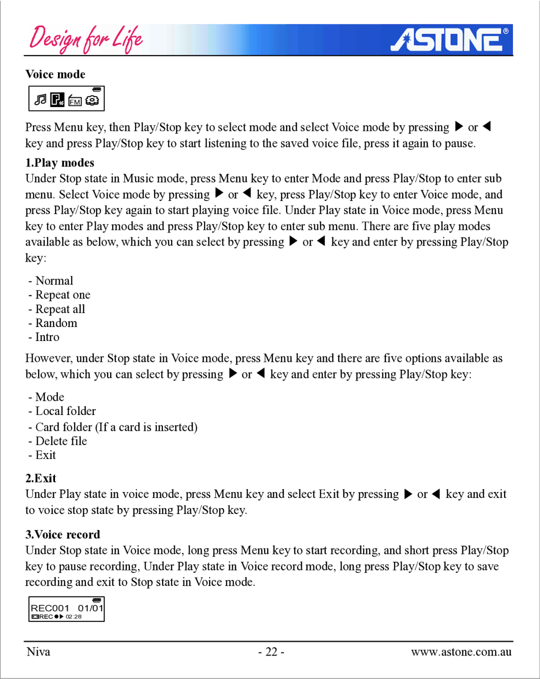 Astone Holdings Pty NIVA user manual Voice mode, Voice record 