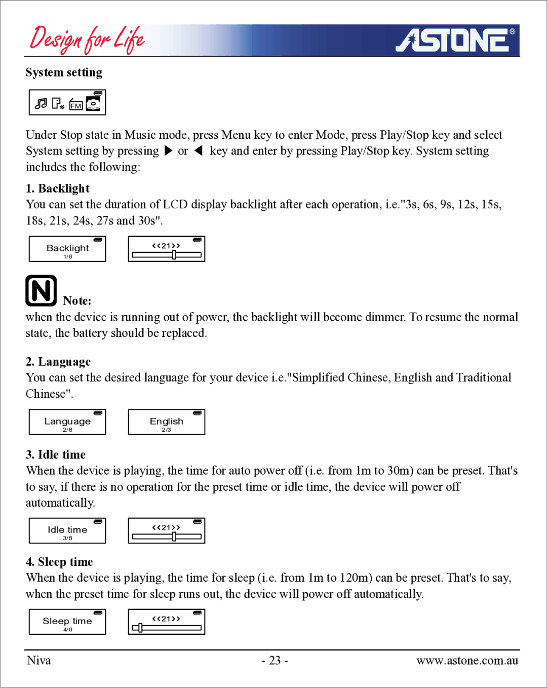 Astone Holdings Pty NIVA user manual System setting, Backlight, Language, Idle time, Sleep time 