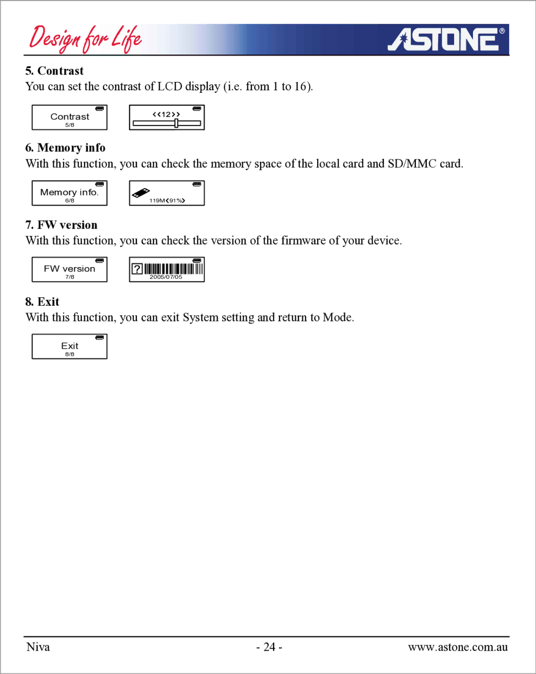 Astone Holdings Pty NIVA user manual Contrast, Memory info, FW version 