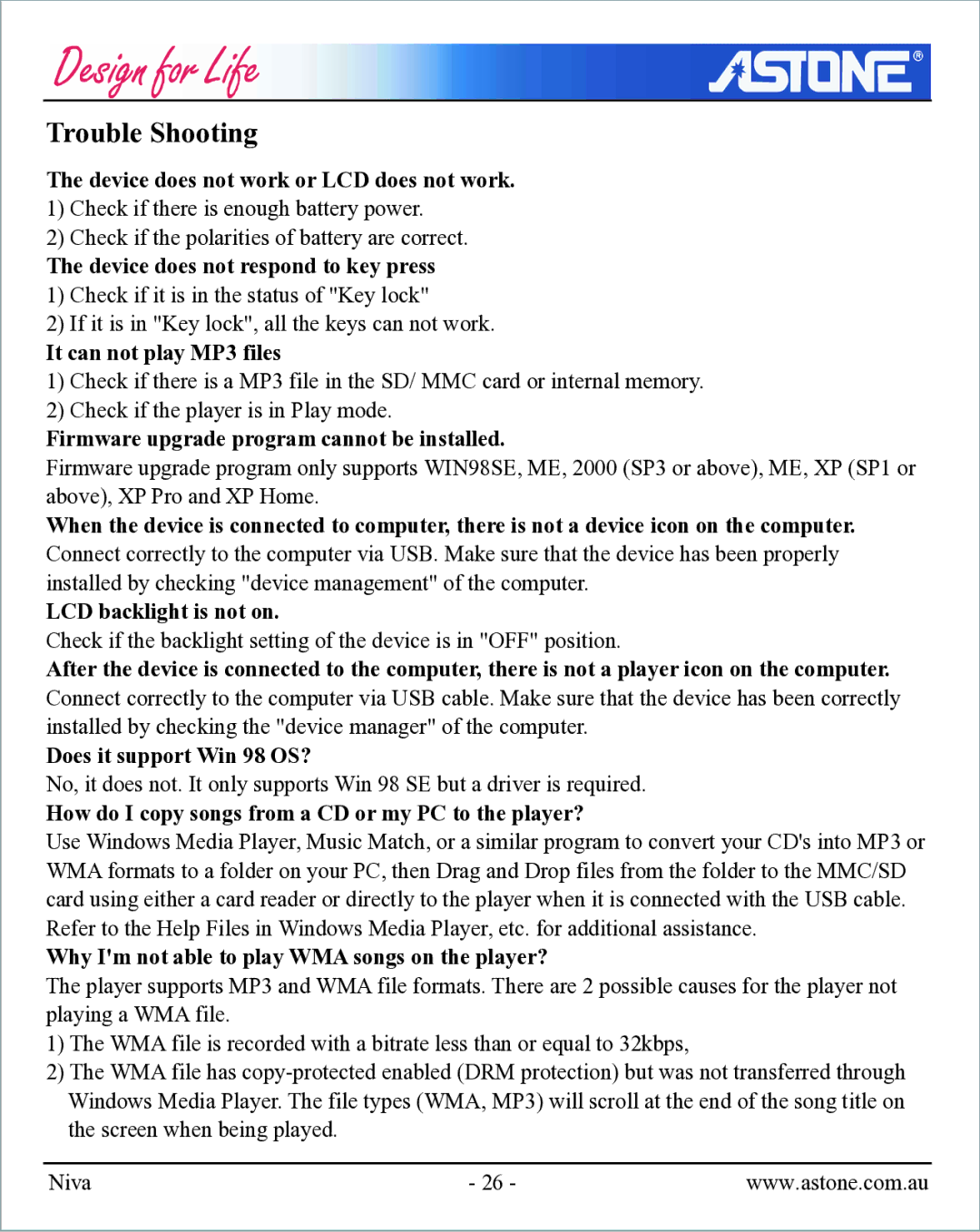 Astone Holdings Pty NIVA user manual Trouble Shooting 