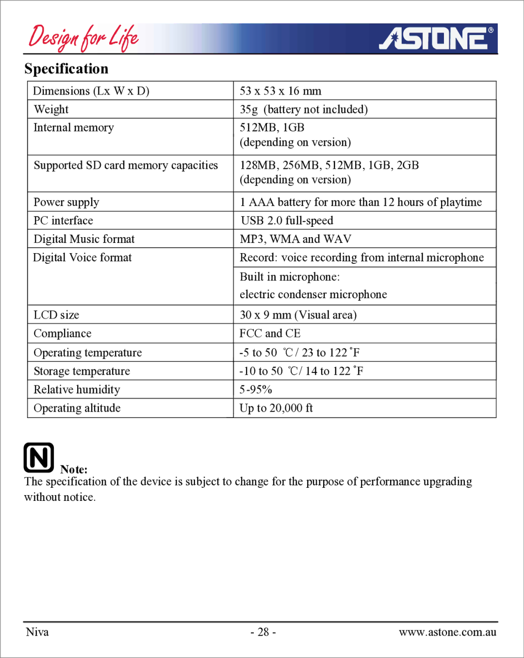 Astone Holdings Pty NIVA user manual Specification 