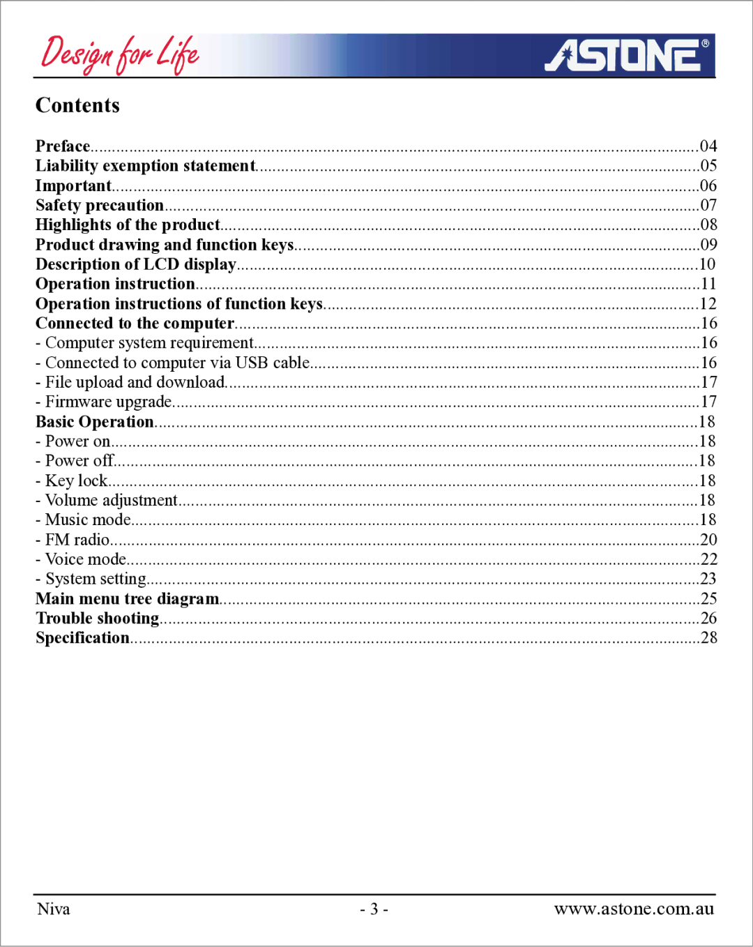 Astone Holdings Pty NIVA user manual Contents 