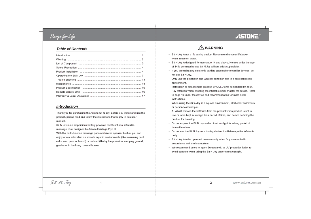 Astone Holdings Pty Portable Inflatable Multimedia Massage Chair user manual Table of Contents, Introduction 