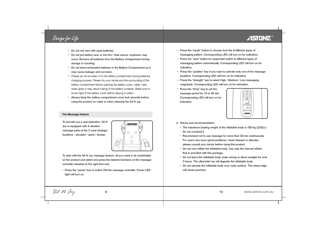 Astone Holdings Pty Portable Inflatable Multimedia Massage Chair user manual Massage feature 