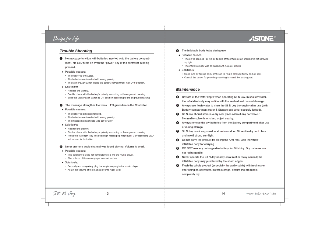 Astone Holdings Pty Portable Inflatable Multimedia Massage Chair user manual Trouble Shooting, Maintenance 