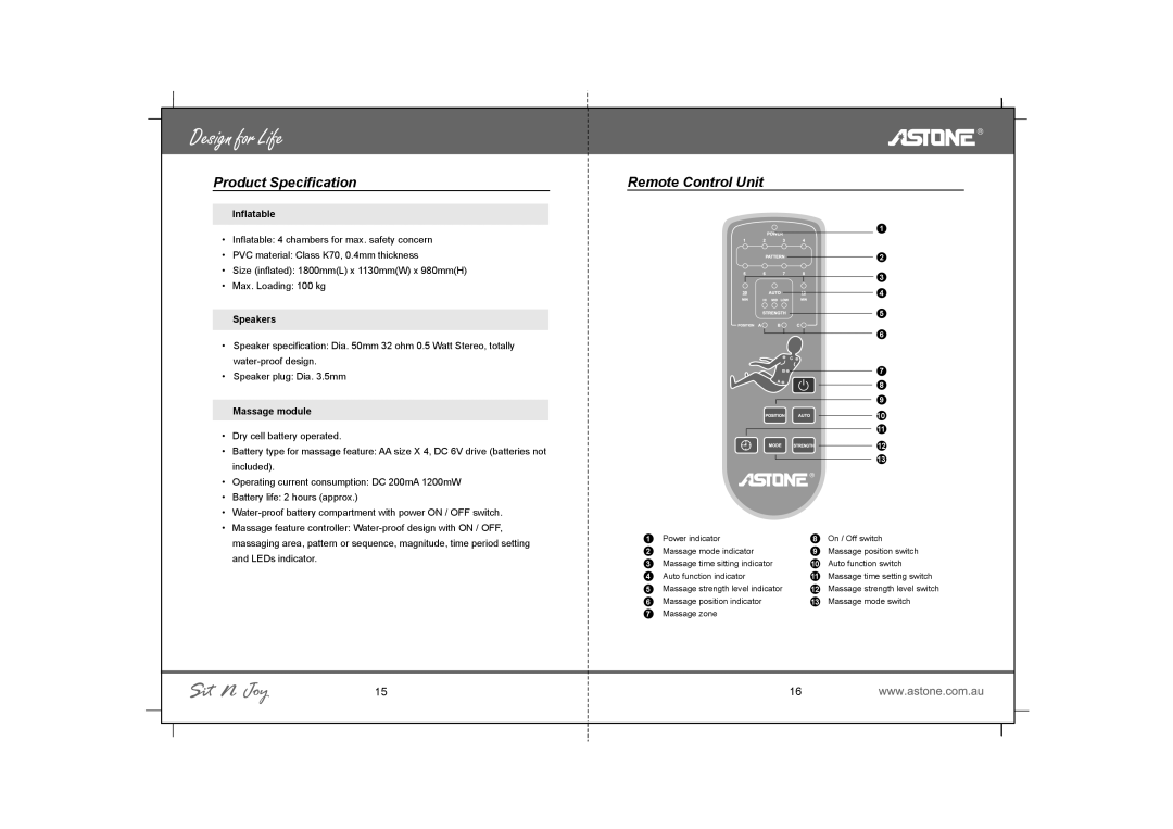 Astone Holdings Pty Portable Inflatable Multimedia Massage Chair user manual Product Specification Remote Control Unit 