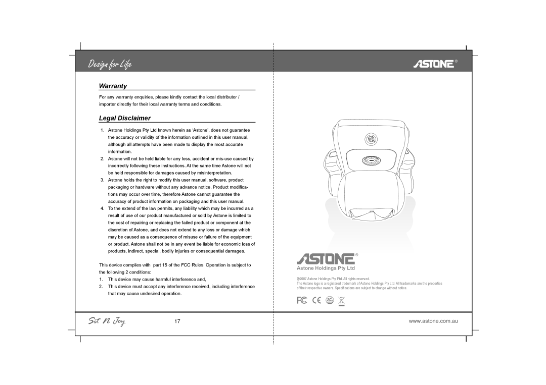 Astone Holdings Pty Portable Inflatable Multimedia Massage Chair user manual Warranty, Legal Disclaimer 