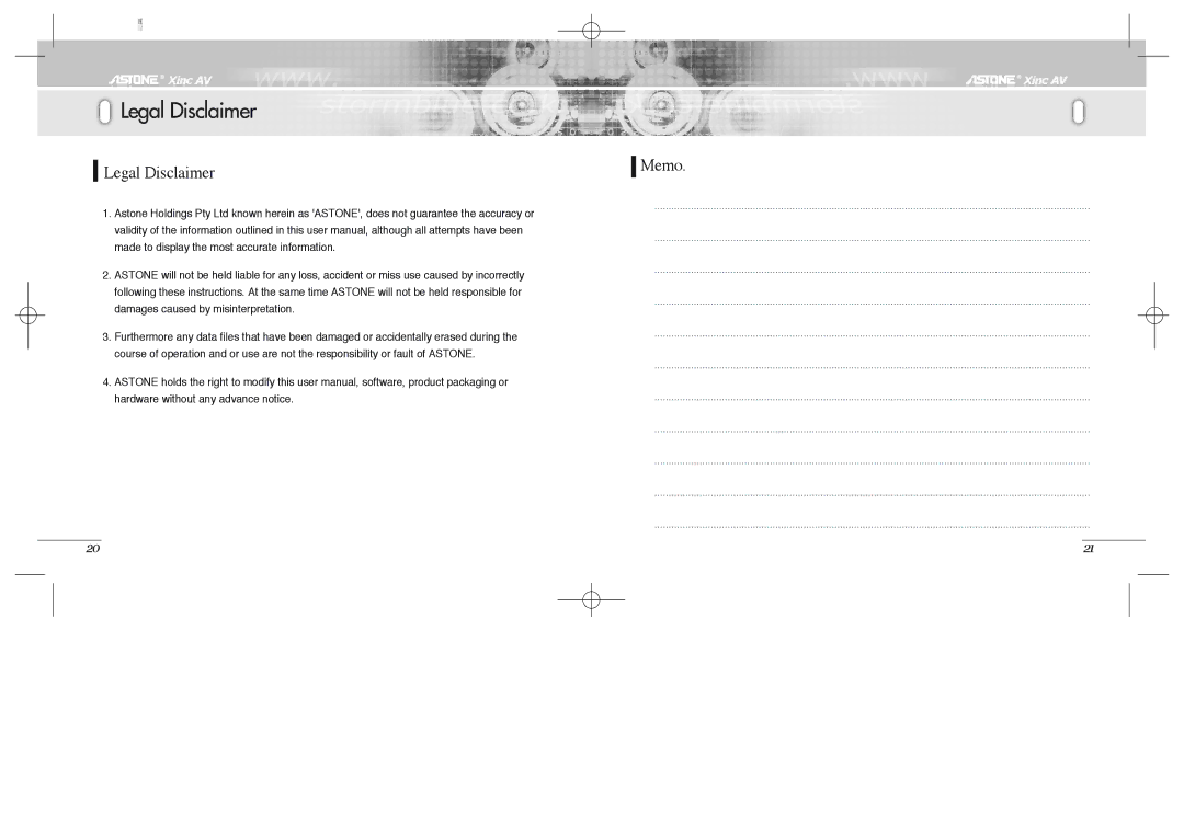 Astone Holdings Pty Xinc AV Mini A/V Theater manual Legal Disclaimer 
