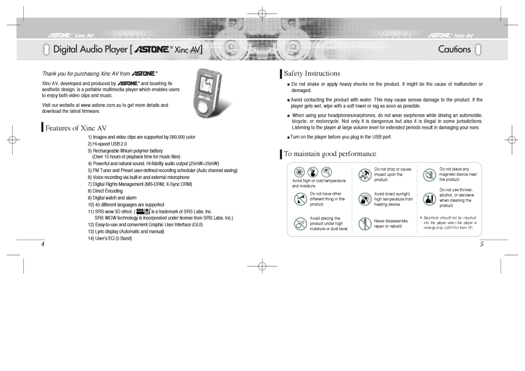 Astone Holdings Pty Xinc AV Mini A/V Theater manual Digital Audio Player Xinc AV, Features of Xinc AV, Safety Instructions 