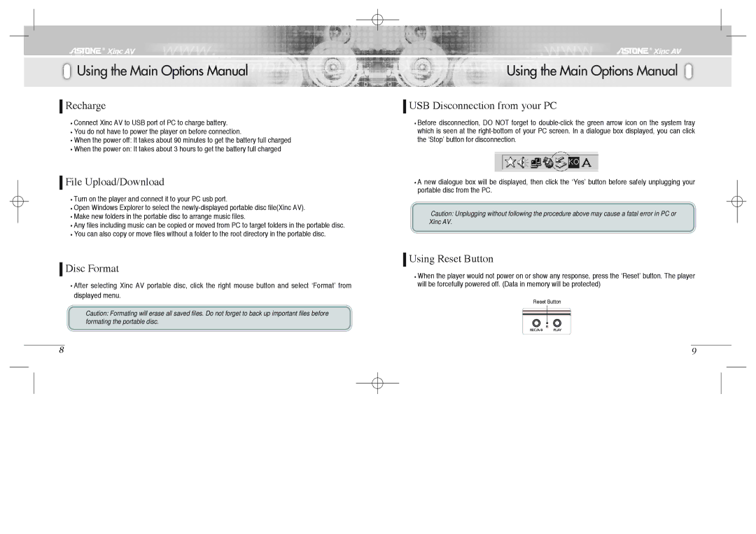 Astone Holdings Pty Xinc AV Mini A/V Theater manual Using the Main Options Manual 