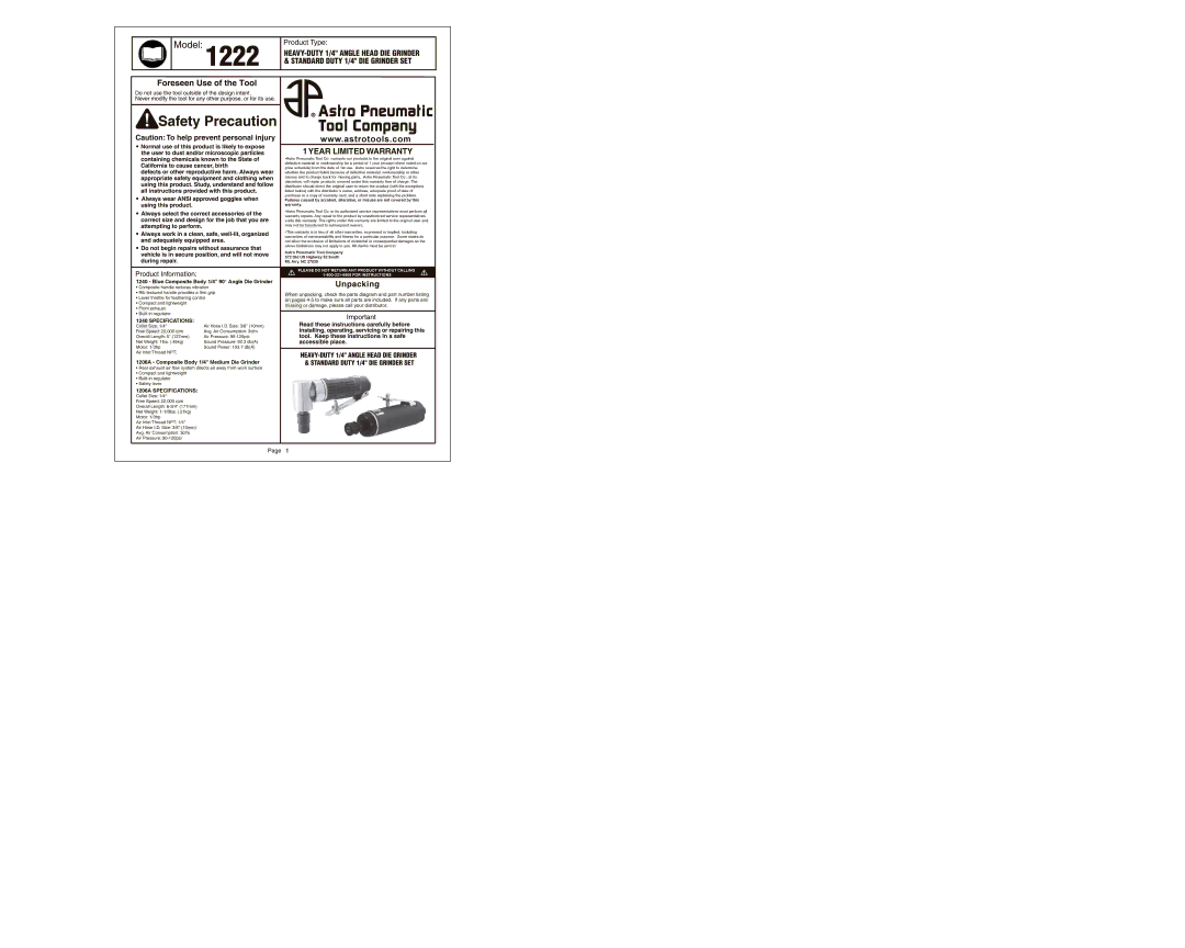 Astro Pneumatic 1222 specifications Year Limited Warranty, Unpacking, 1206A Specifications 