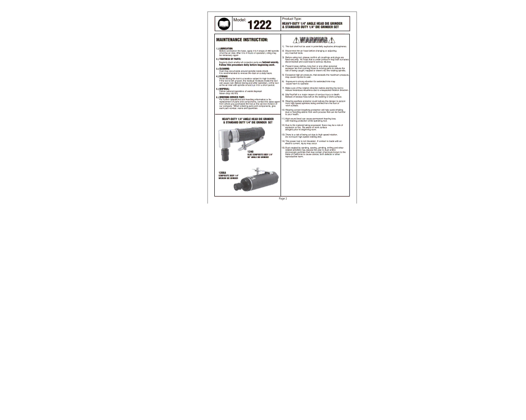 Astro Pneumatic 1222 specifications 1240 